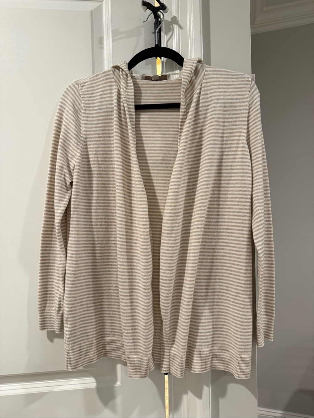 LOFT Cream and Beige Striped Open-Front Hooded Cardigan
